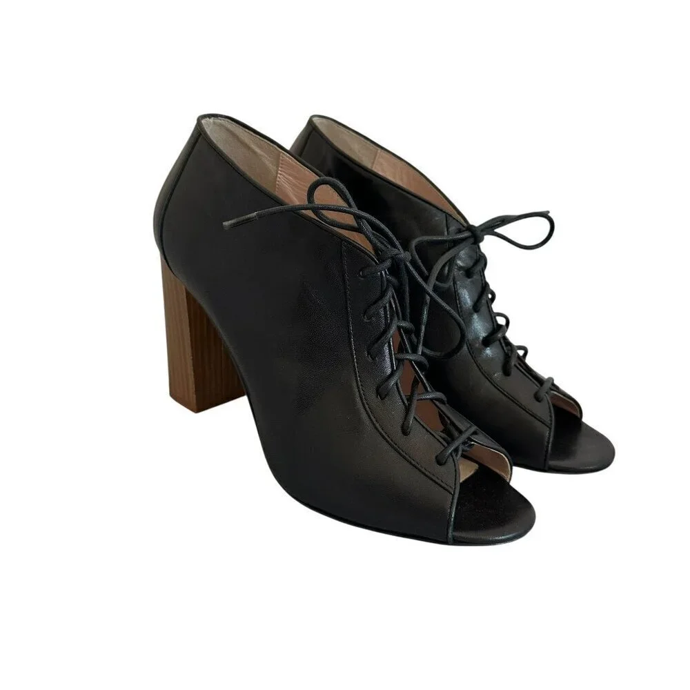 Kate Spade Inella Black Lace-Up Heels Sandals Booties Wood Size 7.5 Women's